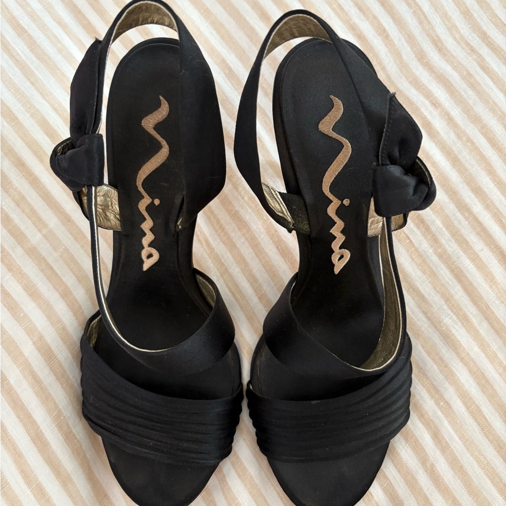 Nina Black Satin Heels with Bow Accent - image 1